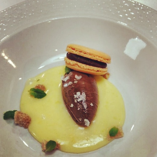 Cremoso de chocolate amargo, cristales de sal, curd de limón y macarons cítrico.