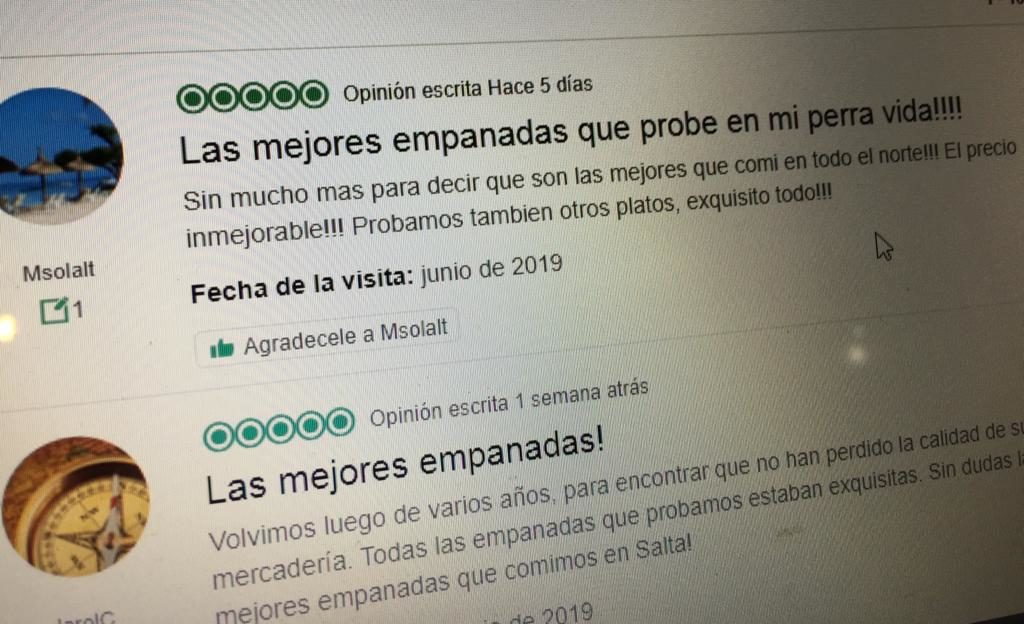 Comentario en Trip Advisor sobre La Casa de las Empanadas.