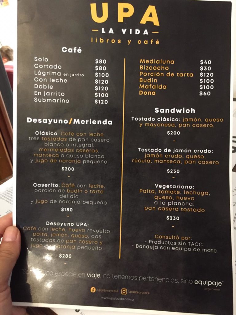 Una mirada a la carta de UPA la vida libros y café.